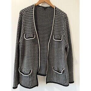 TALBOTS Tweed Black White Sweater Jacket Classic Crest Buttons Career Sz XL